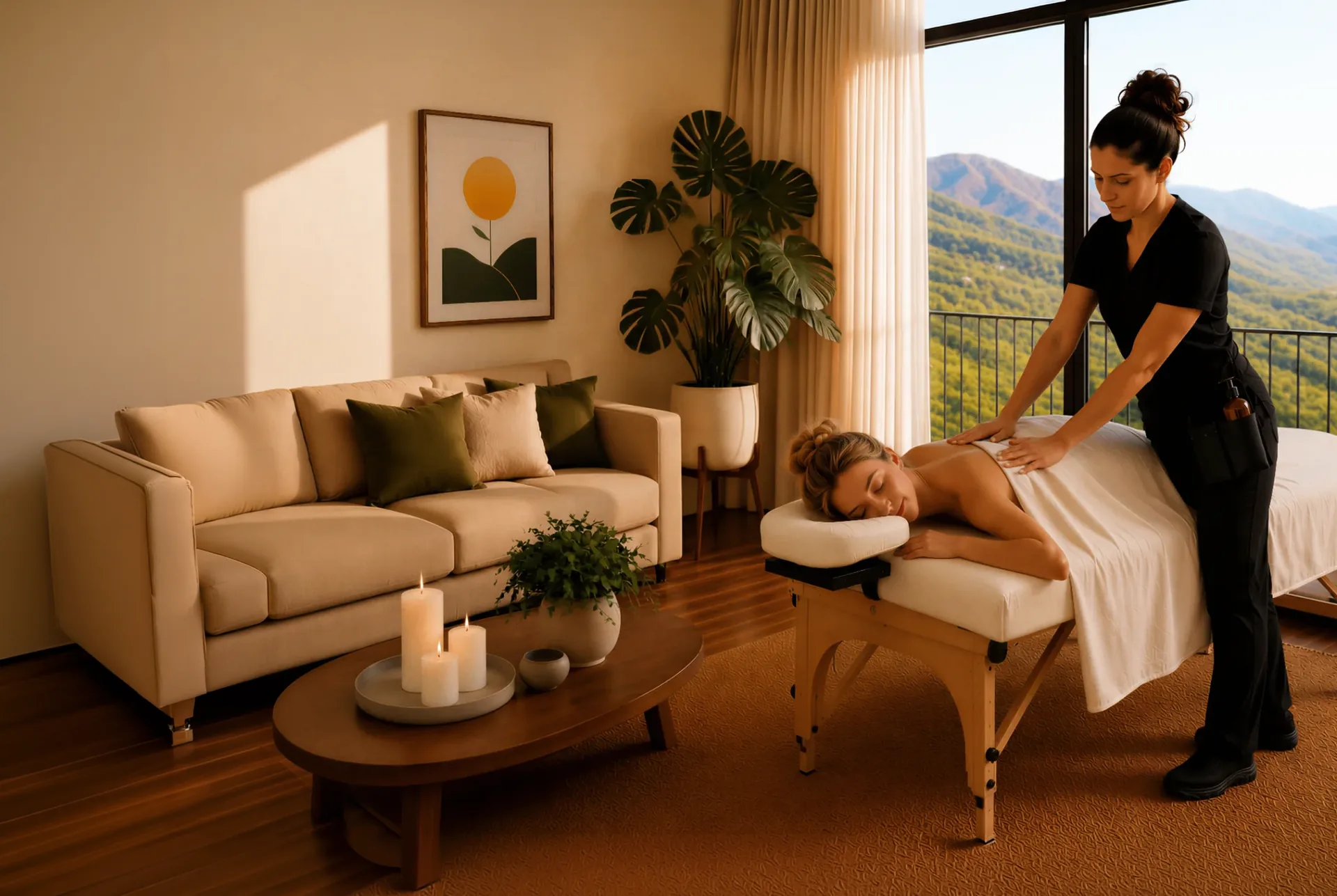 Massage therapist providing an in-home massage with a mountain view in Southern California