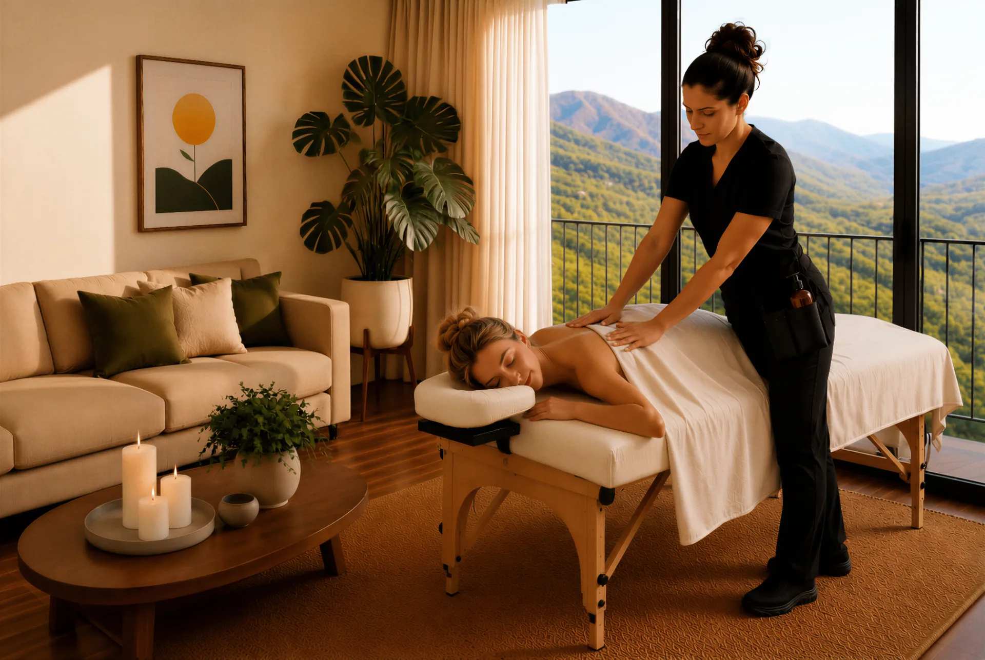 Massage therapist providing an in-home massage with a mountain view in Southern California