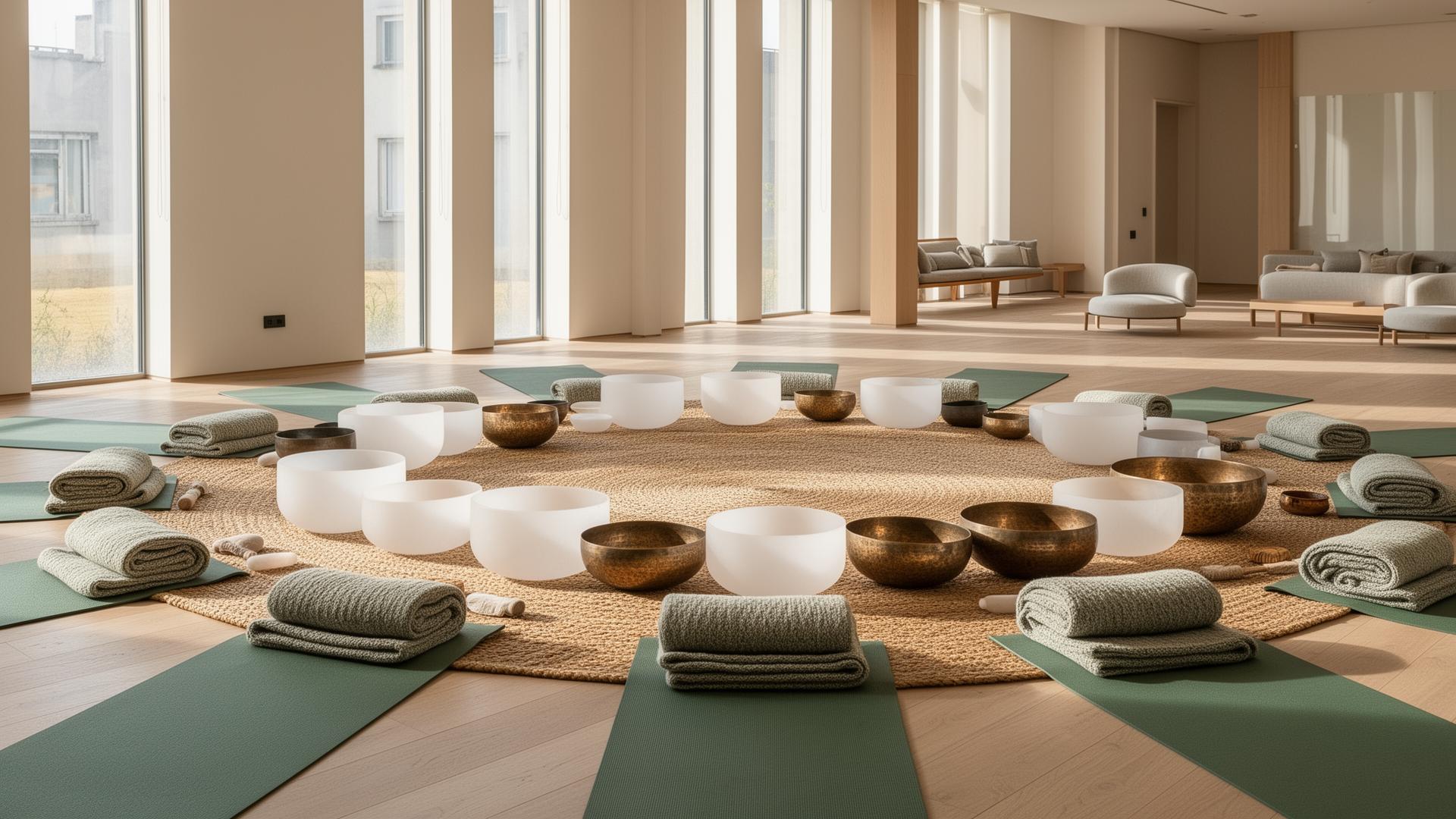 A group sound bath setup with crystal singing bowls, mats, and blankets