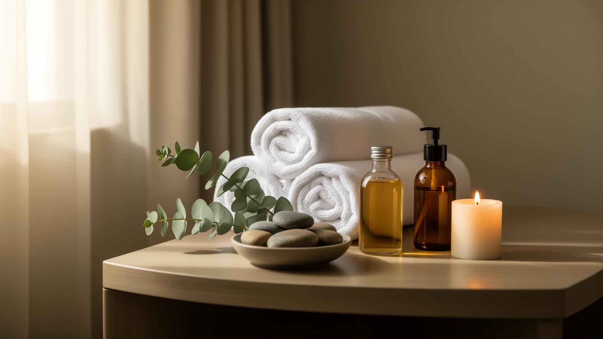 A calm in-room spa setup — rolled towels, eucalyptus, massage oil, and a candle